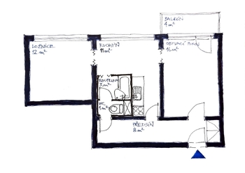 půdorys bytu - Pronájem bytu 2+1 v družstevním vlastnictví 53 m², Jeseník