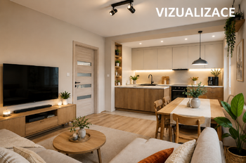 Vizualice kuchyně + obývací pokoj - Prodej bytu 3+kk v osobním vlastnictví 57 m², Hustopeče