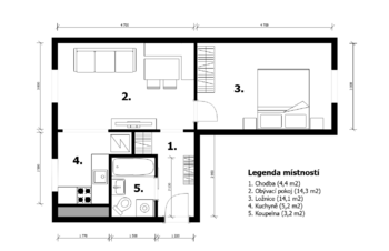 půdorys - Prodej bytu 2+kk v osobním vlastnictví 43 m², Milovice