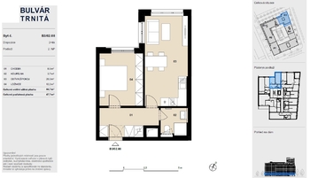 Půdorys bytu 2 +kk - Prodej bytu 2+kk v osobním vlastnictví 45 m², Brno