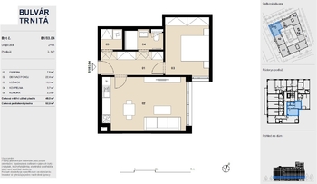 Půdorys bytu 2 +kk - Prodej bytu 2+kk v osobním vlastnictví 49 m², Brno