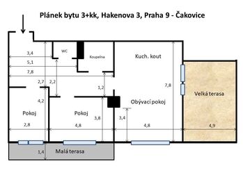 Plánek bytu - Pronájem bytu 3+kk v osobním vlastnictví 90 m², Praha 9 - Čakovice