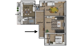 Půdorys - Prodej bytu 3+1 v osobním vlastnictví 127 m², České Budějovice