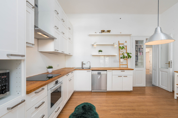 Kuchyně s výstupem na terasu - Prodej bytu 3+1 v osobním vlastnictví 127 m², České Budějovice