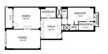 půdorys bytu - Pronájem bytu 2+1 v osobním vlastnictví 89 m², Praha 7 - Bubeneč