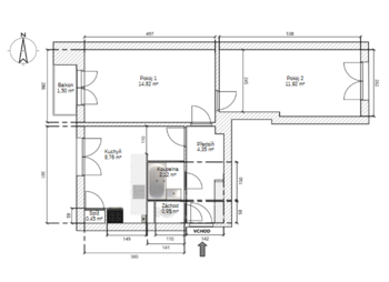 Půdorys bytu - Prodej bytu 2+1 v osobním vlastnictví 45 m², Brno