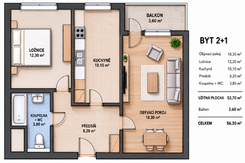 Orientační půdorys - Pronájem bytu 2+1 v osobním vlastnictví 53 m², Praha 4 - Modřany