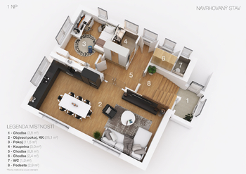 Návrh nové dispozice přízemí - Prodej domu 209 m², Praha 10 - Uhříněves