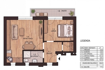 Půdorys - Pronájem bytu 2+kk v osobním vlastnictví 38 m², Praha 3 - Žižkov