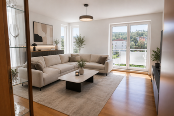 Vizualizace- obývací pokoj - Prodej bytu 3+1 v osobním vlastnictví 87 m², Luhačovice