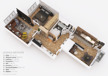 3D půdorys - Prodej bytu 2+1 v osobním vlastnictví 95 m², Praha 6 - Bubeneč
