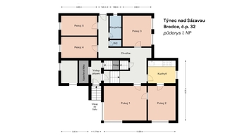 půdorys většího bytu v přízemí - Prodej bytu 6 a více v osobním vlastnictví 114 m², Týnec nad Sázavou
