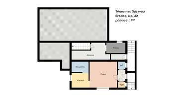 půdorys suterénního bytu 1 + 1 - Prodej bytu 6 a více v osobním vlastnictví 114 m², Týnec nad Sázavou