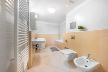 Prostorná koupelna s vanou a pračkou - Pronájem bytu 4+kk v osobním vlastnictví 116 m², Praha 3 - Žižkov