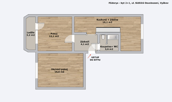 Plánek bytu - Prodej bytu 2+1 v osobním vlastnictví 53 m², Vyškov