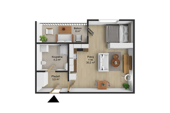 Půdorys - Pronájem bytu 1+kk v osobním vlastnictví 44 m², Praha 9 - Letňany