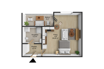 Půdorys - Pronájem bytu 1+kk v osobním vlastnictví 44 m², Praha 9 - Letňany
