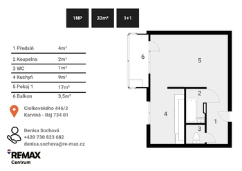 Byt 1+1| Denisa Sochová | +420 730 823 682 | denisa.sochova@re-max.cz - Pronájem bytu 1+1 v osobním vlastnictví 33 m², Karviná