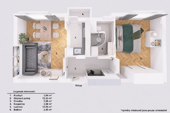 Půdorys. - Pronájem bytu 2+kk v osobním vlastnictví 45 m², Jindřichův Hradec