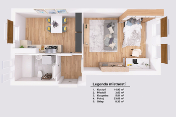 Půdorys. - Pronájem bytu 1+1 v družstevním vlastnictví 48 m², Jindřichův Hradec