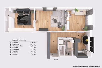 Půdorys. - Prodej bytu 3+1 v osobním vlastnictví 62 m², Jindřichův Hradec