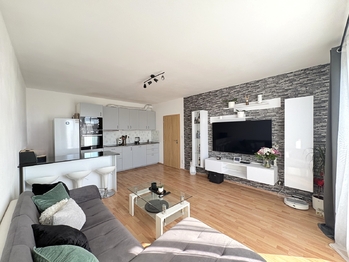 Obývací pokoj s kuchyňským koutem - Prodej bytu 2+kk v osobním vlastnictví 59 m², Hostivice 