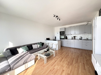 Obývací pokoj s kuchyňským koutem - Prodej bytu 2+kk v osobním vlastnictví 59 m², Hostivice