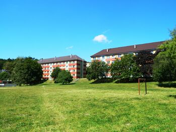 Domy v Palackého ulici mají klidné a pěkné okolí. - Prodej bytu 2+1 v osobním vlastnictví 65 m², Aš