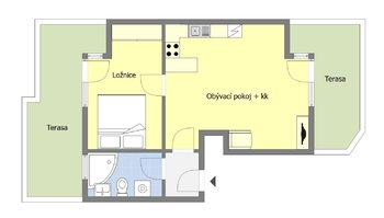 Orientační půdorys bytu - Prodej bytu 2+kk v osobním vlastnictví 45 m², Praha 3 - Žižkov