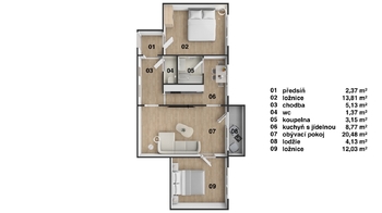 Půdorys - Prodej bytu 3+1 v osobním vlastnictví 71 m², České Budějovice