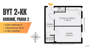 Půdorys - Pronájem bytu 2+kk v osobním vlastnictví 46 m², Praha 2 - Vinohrady