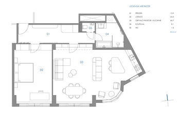 2D půdorys - Prodej bytu 2+kk v osobním vlastnictví 92 m², Praha 1 - Nové Město