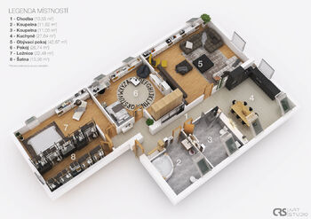 půdorys celého bytu 157 m2 - Pronájem bytu 4+1 v osobním vlastnictví 37 m², Světice 