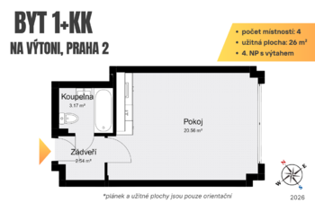 Půdorys - Pronájem bytu 1+kk v osobním vlastnictví 26 m², Praha 2 - Nové Město
