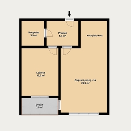 2D půdorys - Prodej bytu 2+kk v osobním vlastnictví 51 m², Brno