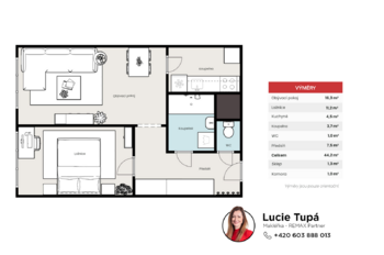 Půdorys bytu s orientačními výměrami - Pronájem bytu 2+kk v osobním vlastnictví 45 m², Praha 8 - Kobylisy