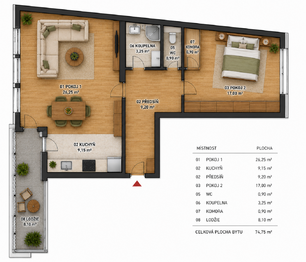Prodej bytu 2+kk v osobním vlastnictví 75 m², Brno