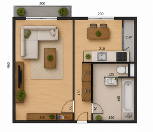 Půdorys - Prodej bytu 1+1 v osobním vlastnictví 30 m², Bojkovice