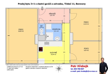 Půdorys - Prodej bytu 3+1 v družstevním vlastnictví 61 m², Borovany