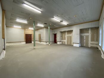 hlavní skladovací prostor (vpravo dveře do chodby, vlevo rampa) - Pronájem skladovacích prostor, Plzeň