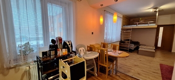 Pohled z kuchyně do obývacího pokoje - Pronájem bytu 2+kk v osobním vlastnictví 55 m², Vyškov
