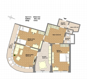 půdorys, s nábytkem rodina - Pronájem bytu 3+1 v osobním vlastnictví 105 m², Praha 7 - Holešovice