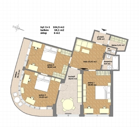půdorys spolubydlení 3 až 6 osob - Pronájem bytu 3+1 v osobním vlastnictví 105 m², Praha 7 - Holešovice