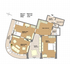 půdorys s nábytkem rodina  - Pronájem bytu 3+1 v osobním vlastnictví 105 m², Praha 7 - Holešovice