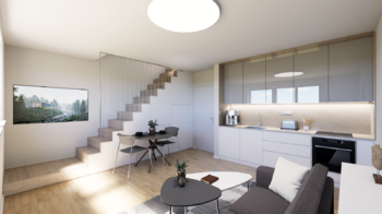 Vizualizace - Obývací pokoj s kk - Prodej bytu 2+kk v osobním vlastnictví 53 m², Cvrčovice