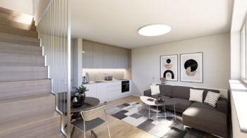Vizualizace - Obývací pokoj s kk - Prodej bytu 2+kk v osobním vlastnictví 53 m², Cvrčovice
