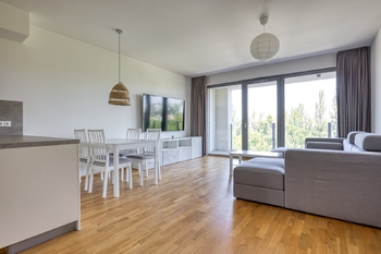 Obývací pokoj s kuchyňským koutem - Pronájem bytu 4+kk v osobním vlastnictví 103 m², Praha 8 - Karlín