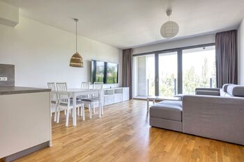 Obývací pokoj s kuchyňským koutem - Pronájem bytu 4+kk v osobním vlastnictví 103 m², Praha 8 - Karlín
