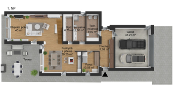 Dispozice přízemí domu. - Prodej domu 230 m², Vysoký Újezd