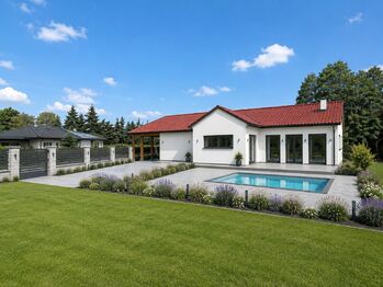 Vyzualizace domu dle projektové dokumentace prodávané současně s pozemkem - Prodej pozemku 1605 m², Staňkovice